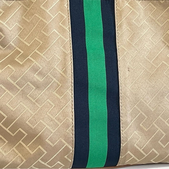 Tommy Hilfiger Shoulder Bag Tote Leather w/ Monogram Print Green & Blue Stripe - Picture 2 of 16